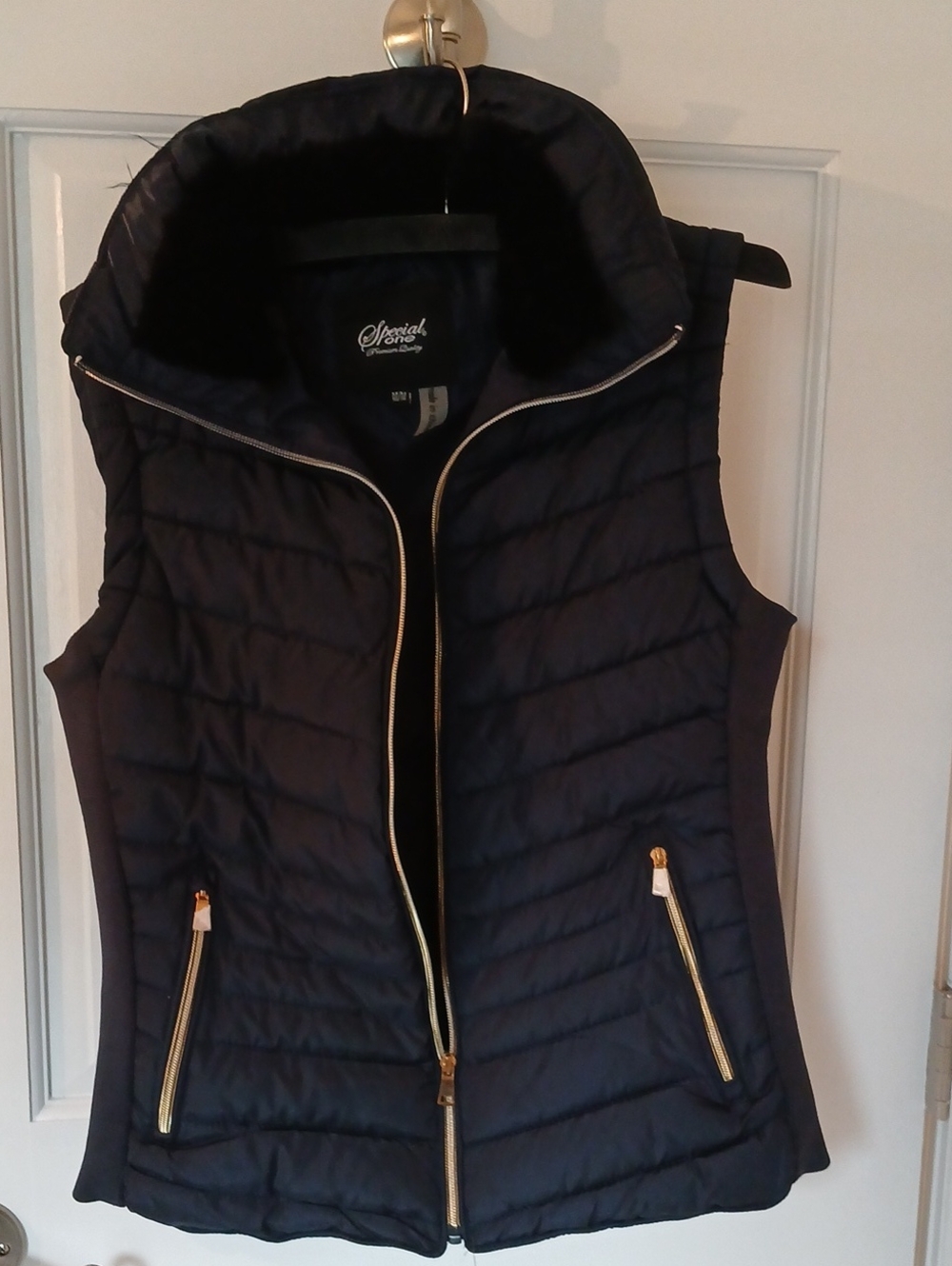 Special One ,Quilted Navy Vest with Gold Zippers, Faux Fur On Collar